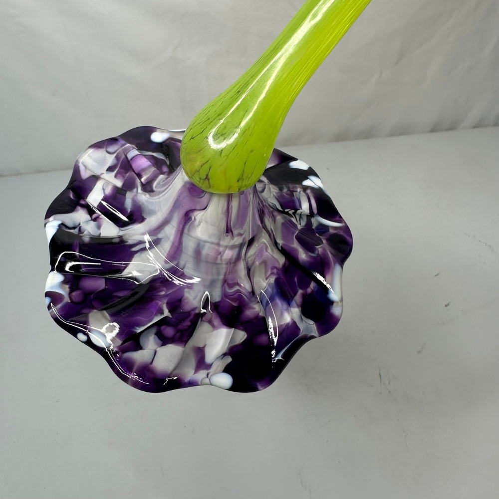 Hand Blown Art Glass Flower Purple White Black Marbled Petal Lime Green Stem 19" - Picture 2 of 4